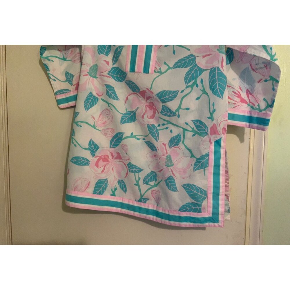 Gretchen Scott Women’s SZ M Tunic Top Pink Green Floral V Neck 3/4 Sleeve Cotton - Picture 9 of 12